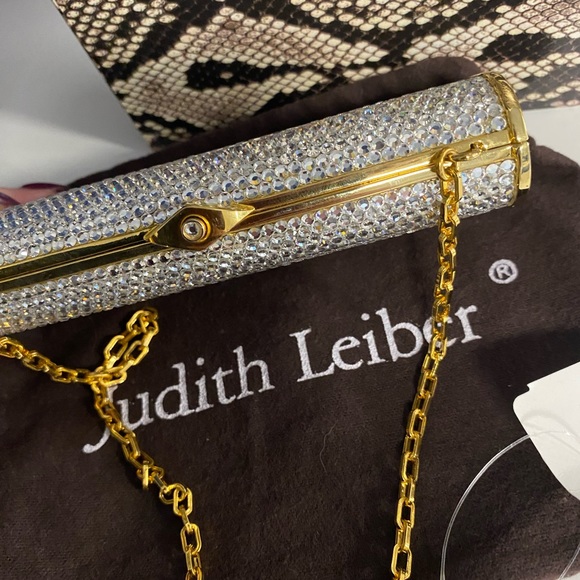 Judith Leiber Miniaudière Evening Purse Handbag Gold w Silver Rhinestones unworn - Picture 8 of 15